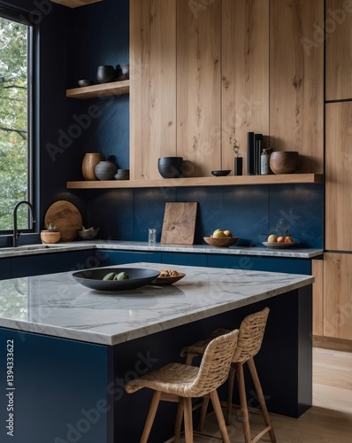 Modern kitchen with dark blue cabinets and wood accents displays aesthetics
