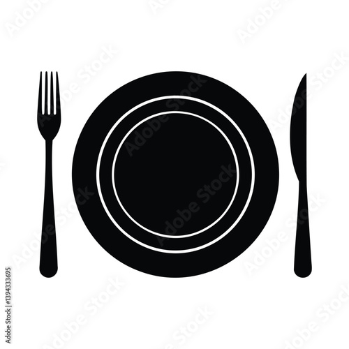 Place Setting Silhouette with Plate, Fork, and Knife Vector Illustration