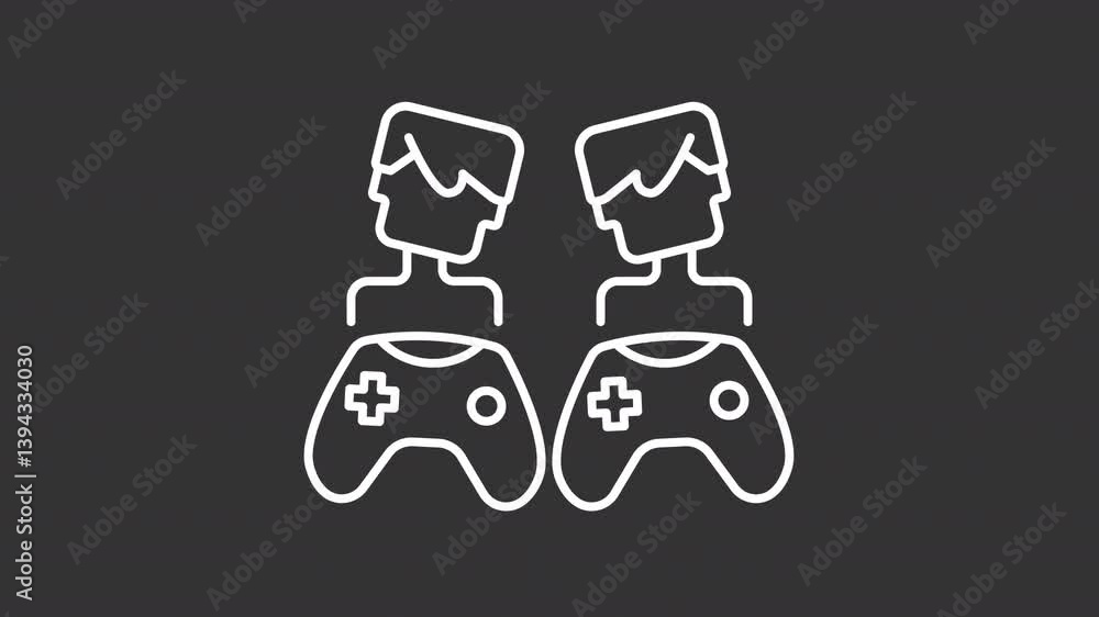 Animated PvP game white icon. Players with videogame controllers line animation. Multiplayer interactive conflict. Isolated illustration on dark background. Transition alpha video. Motion graphic