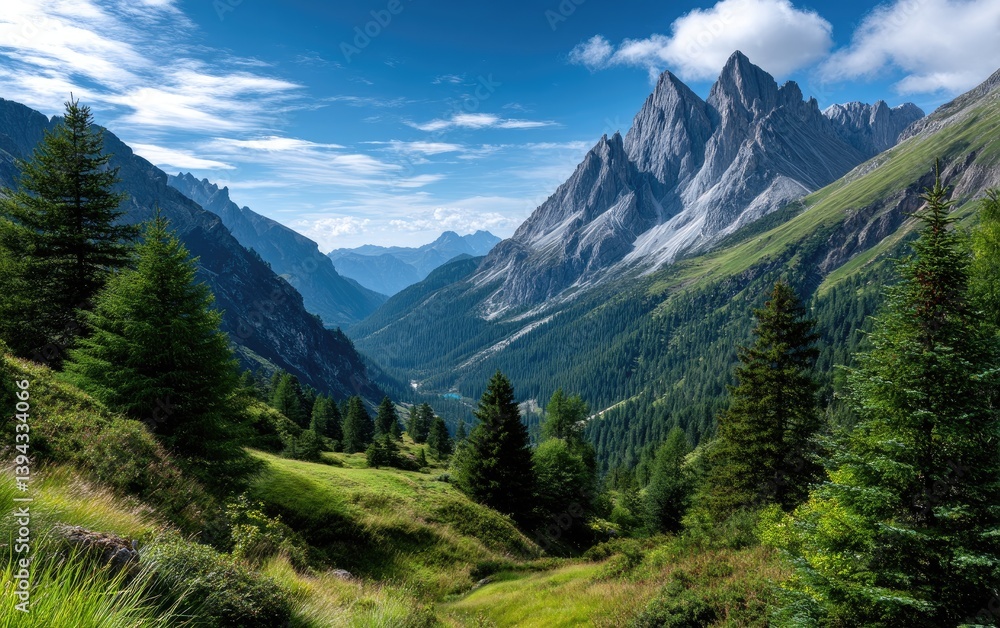 Fototapeta premium the Dolomites mountain range in Italy, with green grassy hills and peaks under a blue sky