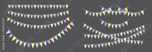 Realistic Triangle Bunting flags set, Purple, Green, Blue and Yellow vector pennants hanging on the rope. Colorful flag garland for party and holiday decorations