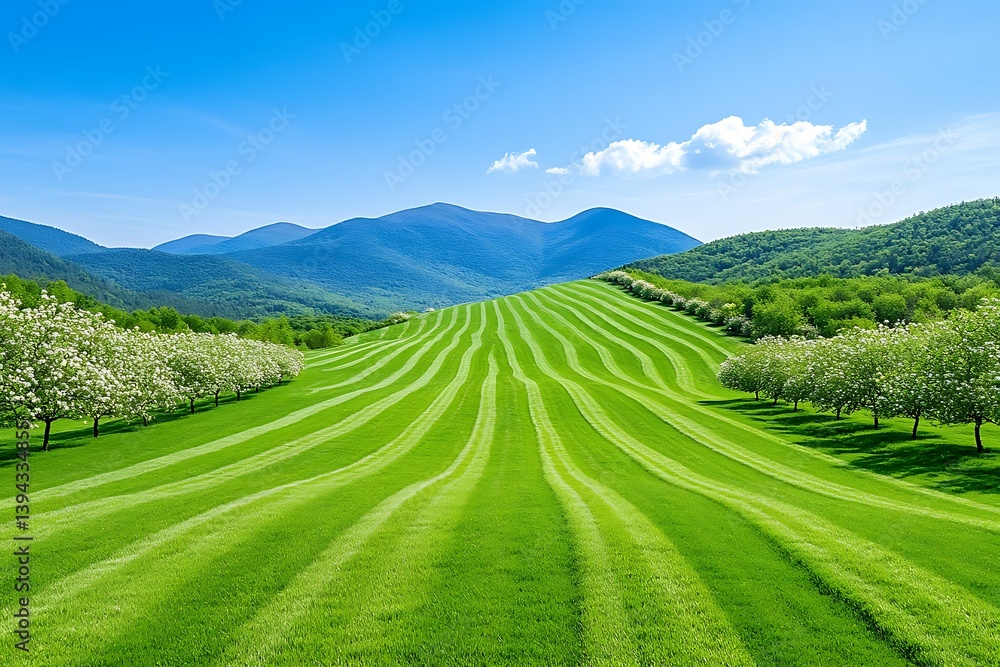 A vibrant green landscape with rolling hills and a blue sky