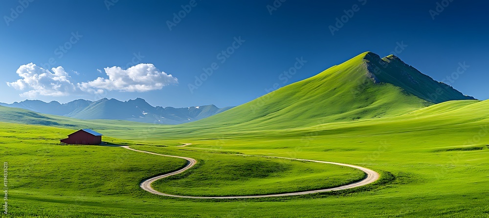 A serene landscape with a winding road and green mountains