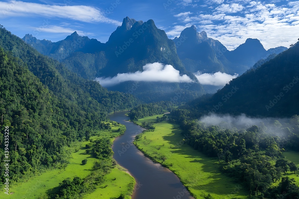 An aerial view showcases a river through a beautiful mountain valley