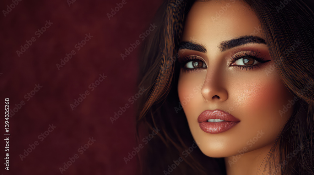 custom made wallpaper toronto digitalGlamorous Woman Portrait:Close-up portrait of a stunning woman with dark brown hair and captivating eyes, featuring a soft yet striking makeup look.