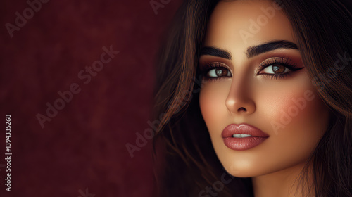 Wallpaper Mural Glamorous Woman Portrait:Close-up portrait of a stunning woman with dark brown hair and captivating eyes, featuring a soft yet striking makeup look. Torontodigital.ca