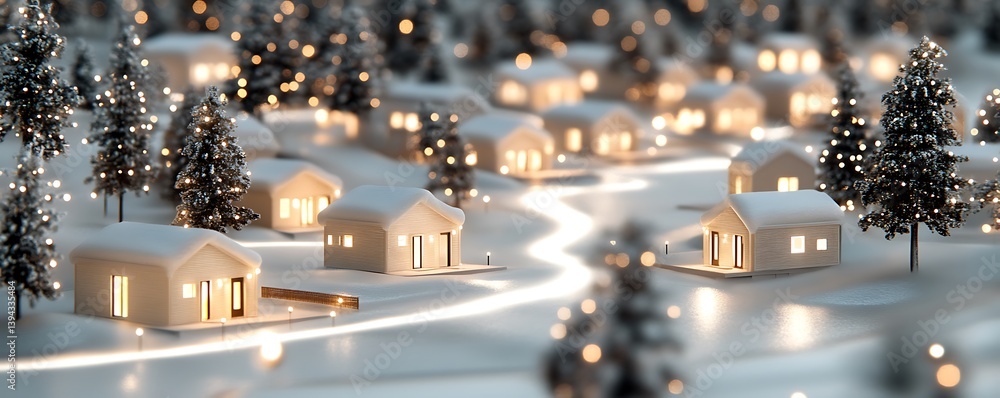 A miniature winter village scene with softly illuminated houses