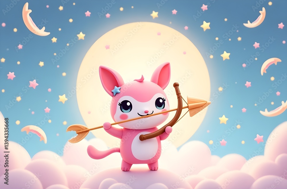 Cute pink fox archer holding a glowing bow under dreamy sky and full moon representing Sagittarius zodiac in soft pastel kawaii fantasy style Cute pink fox archer holding a glowing bow under dreamy sky and full moon representing Sagittarius zodiac in soft pastel kawaii fantasy style