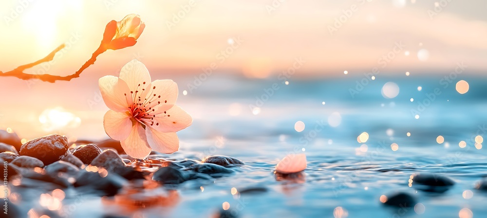 A delicate flower blossoms near the edge of tranquil water