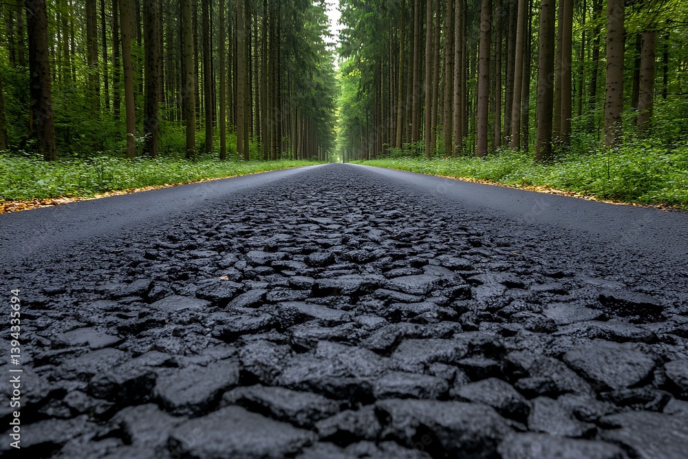A long road leading into a forest of tall green trees
