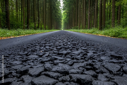 Obraz na płótnie A long road leading into a forest of tall green trees w salonie