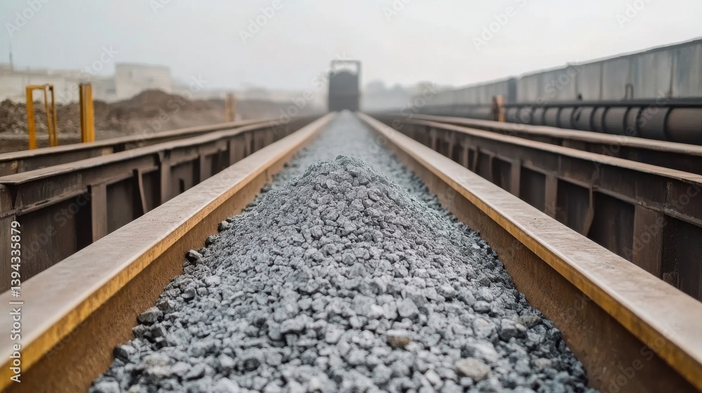Fototapeta premium Detailed View of Gravel Pile on Train Tracks with a Fading Background in Industrial Setting
