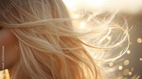 Close-up of blonde hair glowing in the golden sunlight. The strands flow beautifully in the wind. Golden Hour Hair: A Blonde's Sunset Serenade