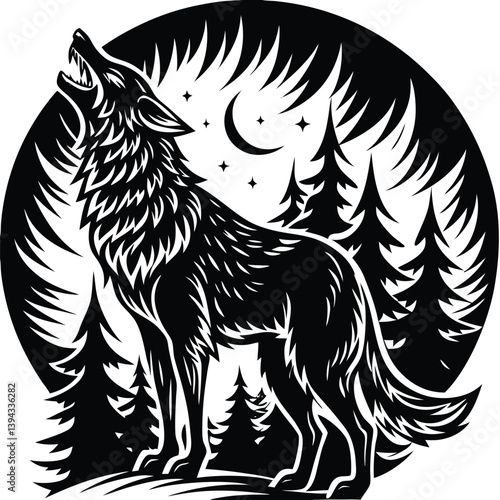 Photography Black Wolf Howling at Moon Silhouette, Wild Predator, Wildlife Mammal, Nature Em