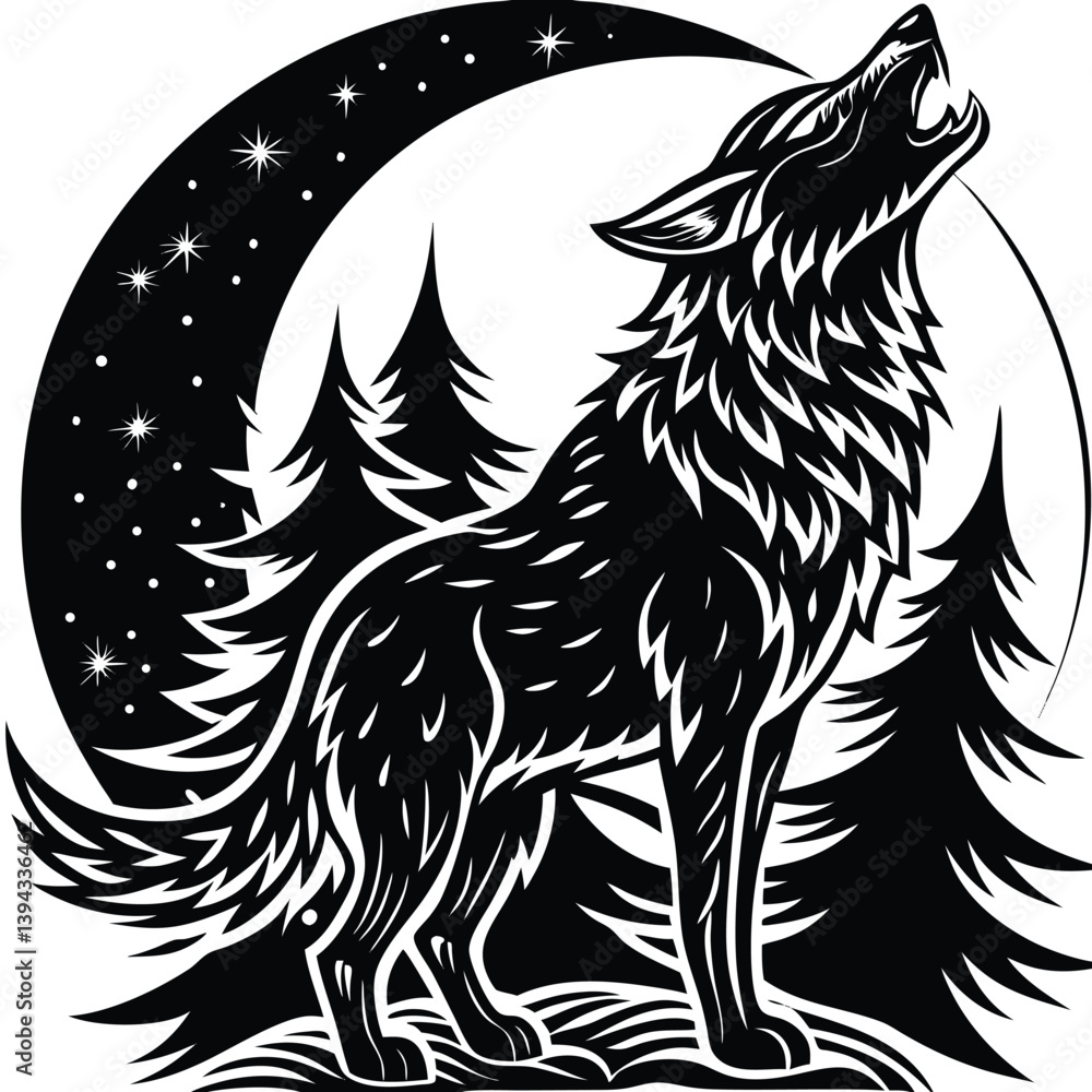 Black and White Silhouette of Howling Wolf with Moon and Forest Trees Design Black and White Silhouette of Howling Wolf with Moon and Forest Trees Design
