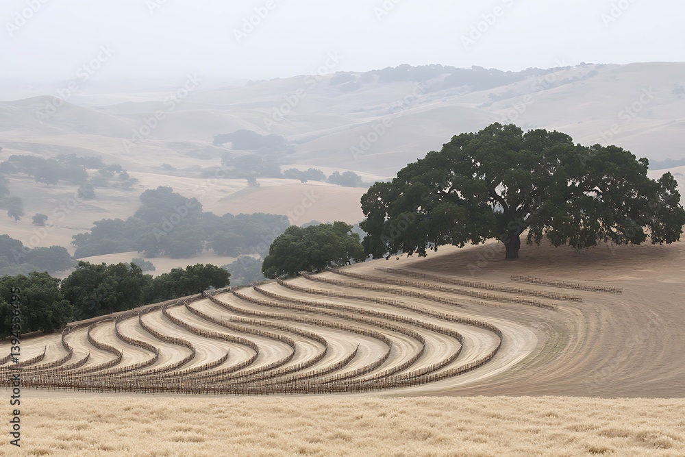 A scenic landscape view featuring rolling hills and an impressive tree