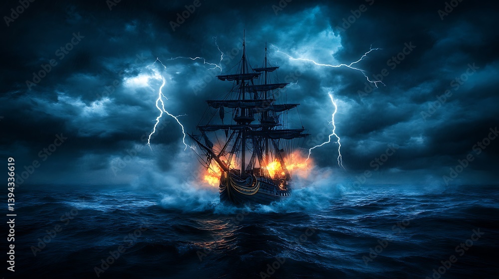 A Sailing Ship Burns Amidst a Violent Stormy Ocean