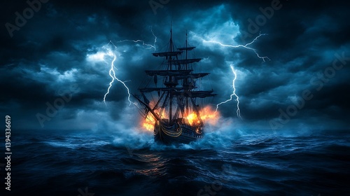 Obraz na płótnie A Sailing Ship Burns Amidst a Violent Stormy Ocean w salonie