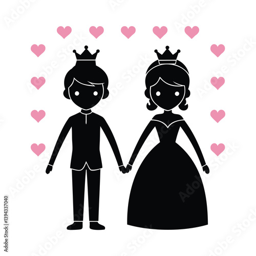 Cartoon Prince and Princess Silhouette Holding Hands Marriage Ceremony with Hearts Vector Illustration