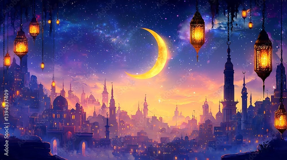 An imaginative cityscape illuminated by moon and hanging lanterns