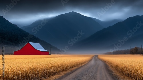 Obraz na płótnie A red barn sits beside a road in a rural landscape w salonie