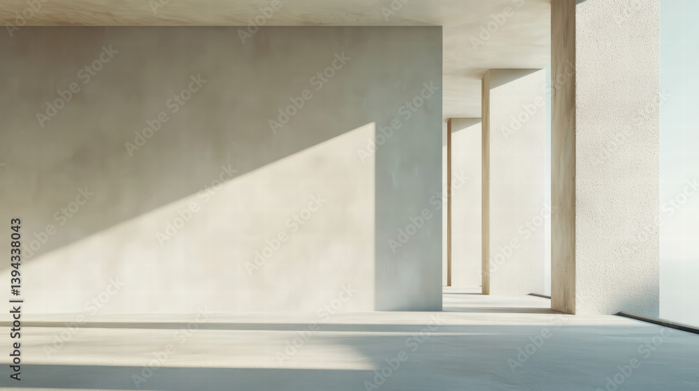 Fototapeta premium Minimalist Concrete Interior: Sunlit modern concrete building interior with columns casting dramatic shadows on the walls.