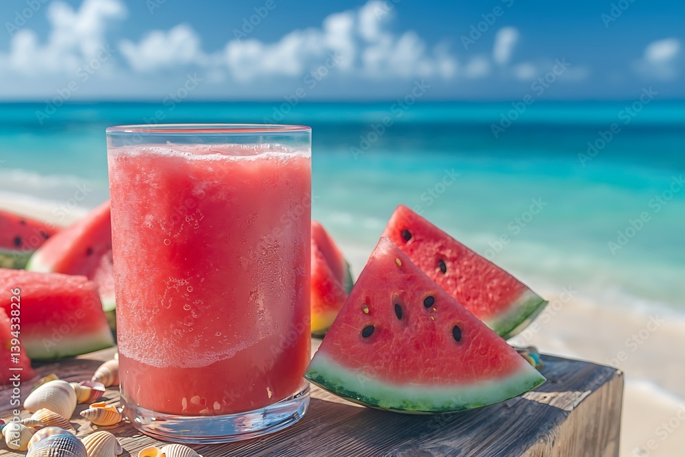 A Refreshing Watermelon Smoothie and Slices on the Beach