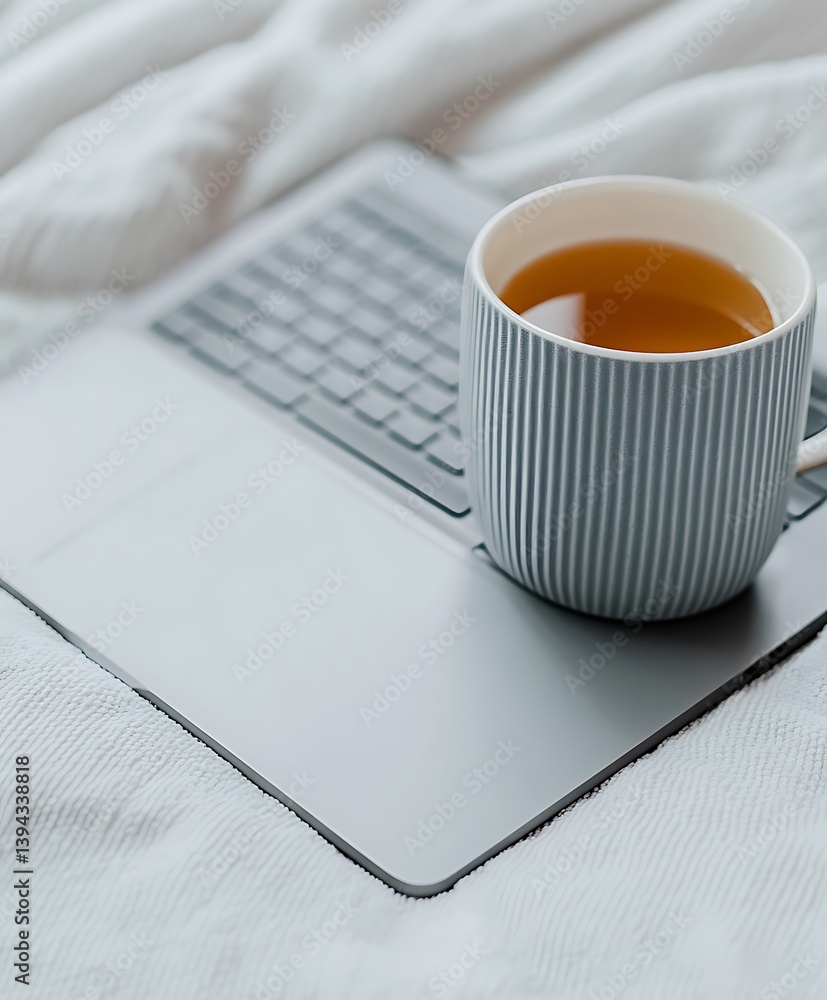 A gray laptop with a mug of tea on top of soft bedding