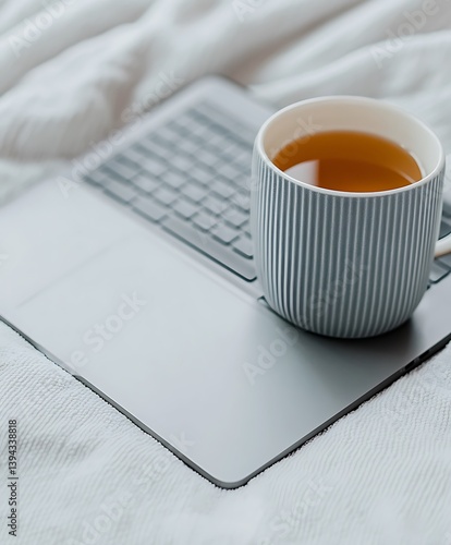 Obraz na płótnie A gray laptop with a mug of tea on top of soft bedding w salonie
