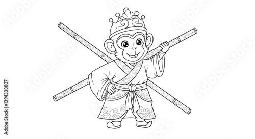 Playful Monkey King Sun Wukong Illustration With Mischievous Expression Holding His Signature Small Magic Staff Legend