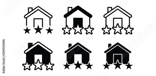 House Rating Icons Black and White Home Symbols with Three Stars Vector Design