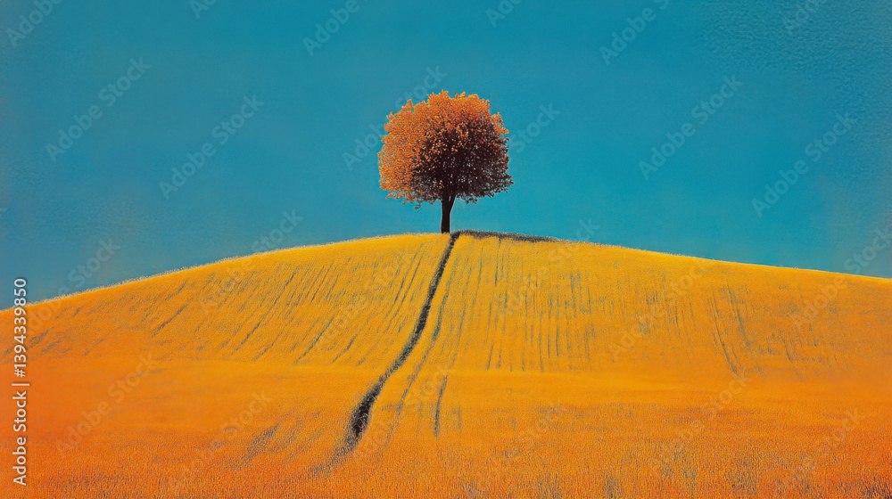 tree and blue sky and wheat field in summer
