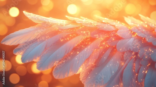 Close Up of Glowing White Angel Wings with Gold Sparkles