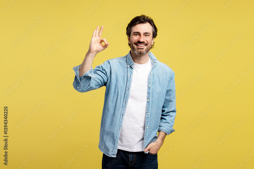 Smiling man showing ok sign on yellow background Smiling man showing ok sign on yellow background