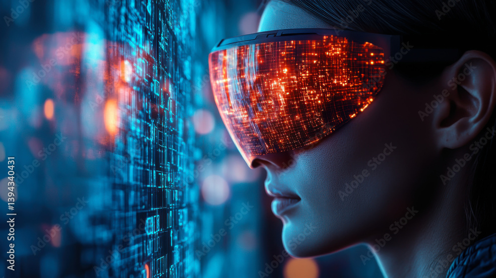 person wearing augmented reality (AR) glasses with visible digital