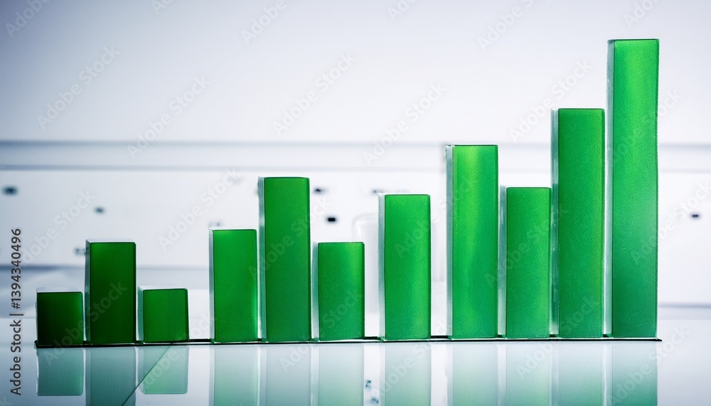 Green graph bars and statistics on white panels, white background, technology concept. Generated image Green graph bars and statistics on white panels, white background, technology concept. Generated image