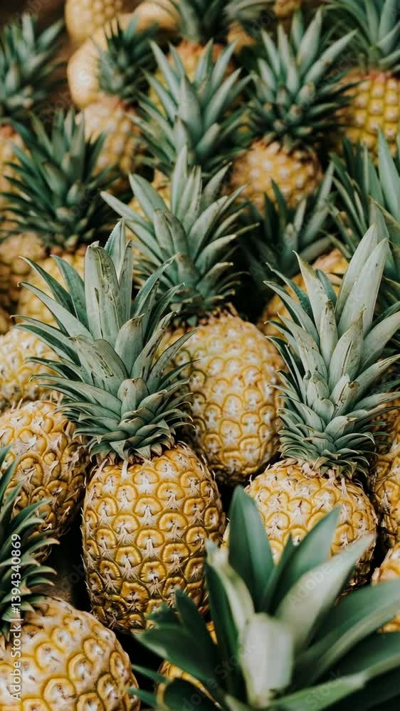 Brightly colored pineapples stacked together at a tropical market during midday hours Brightly colored pineapples stacked together at a tropical market during midday hours