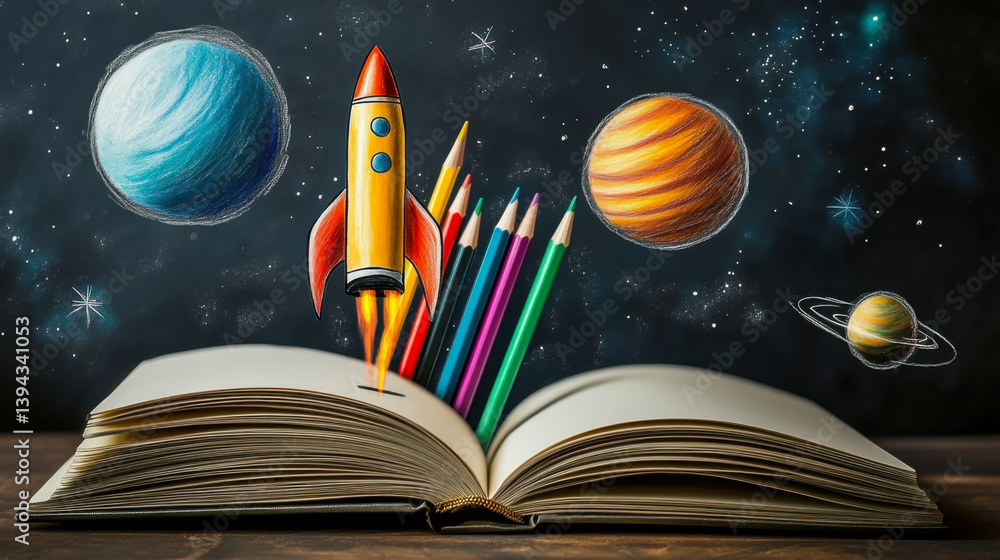 Open book with colored pencils coming out, rocket taking off
