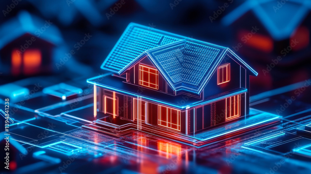 House model on a virtual screen of the tablet.3d