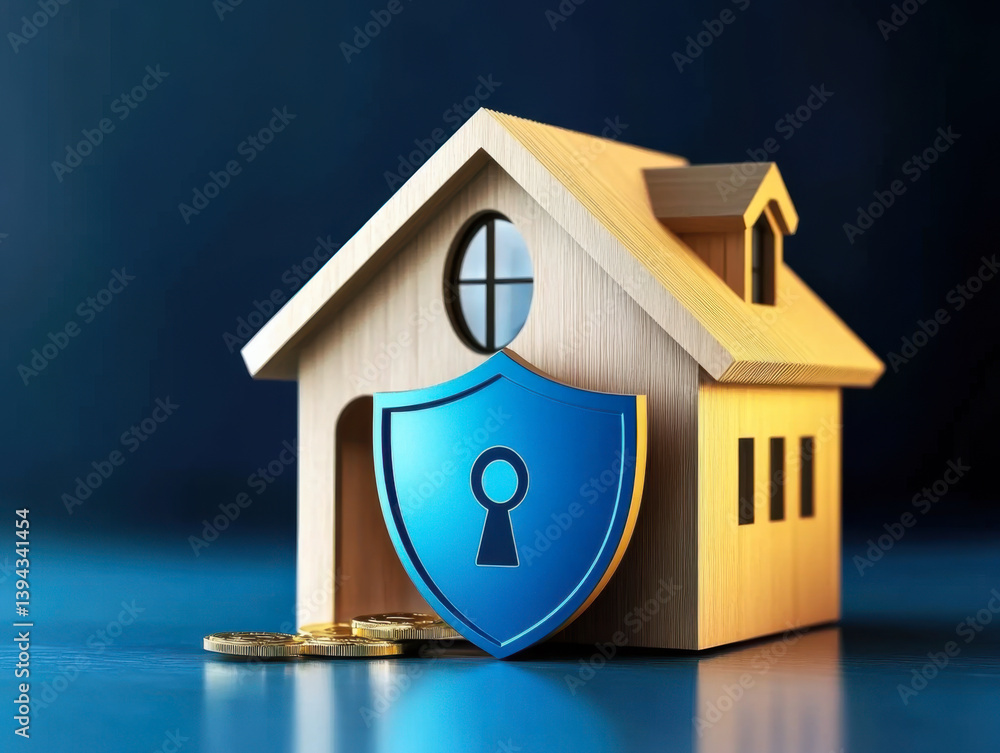 Home security concept, real estate security. Wooden house model with blue shield
