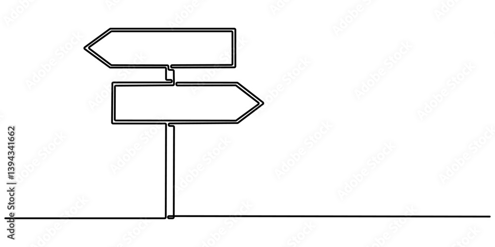 Obraz premium One Continuous line drawing of Road direction signpost arrows to the right and left and plate, Road Sign Single Line Icon, Road direction sign arrows isolated on white background.