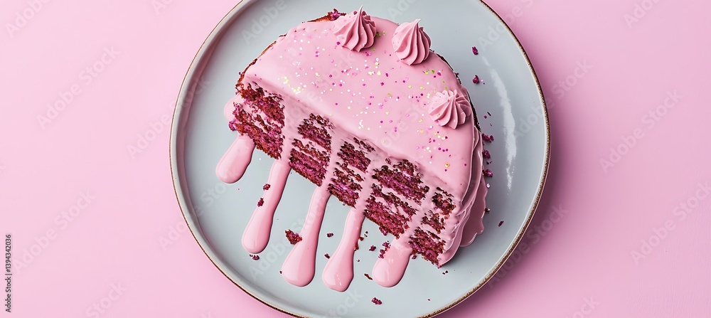 A colorful slice of cake with pink frosting and decorations