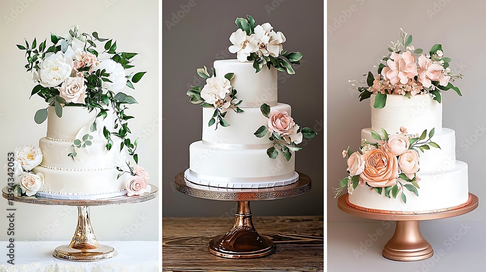 Three tiered white cakes are decorated with beautiful flower arrangements