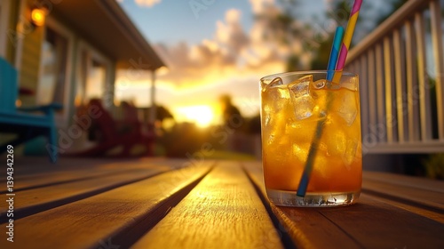 Obraz na płótnie An inviting glass of lemonade with ice and a colorful straw, sitting on a wooden porch with a view of the sunset, creating a tranquil evening ambiance. w salonie