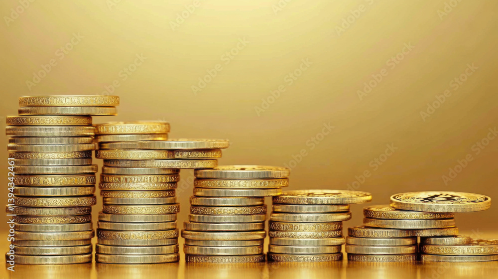 Bitcoin gold coin among blue stacks of coins. Cryptocurrency concept