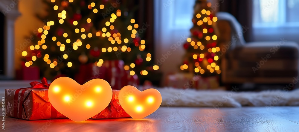 Illuminated Heart Shaped Decorations Placed Before Lit Christmas Tree