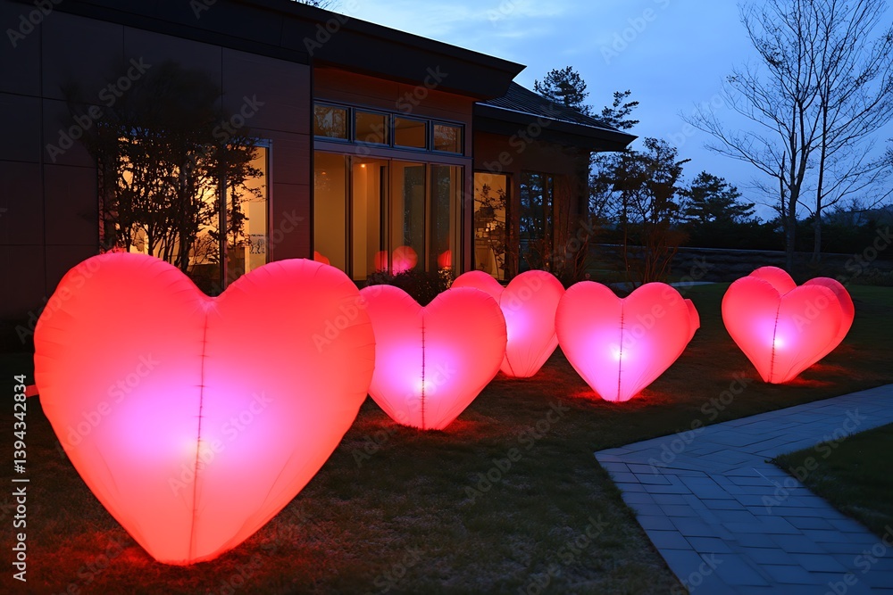 Illuminated red heart shaped decorations arranged on a lawn at dusk