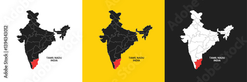 Tamil Nadu India vector map illustration. Tamil Nadu District vector map illustration. Tamil Nadu political outline. Illustration. India Map with Highlighted Tamil Nadu state. India Map.