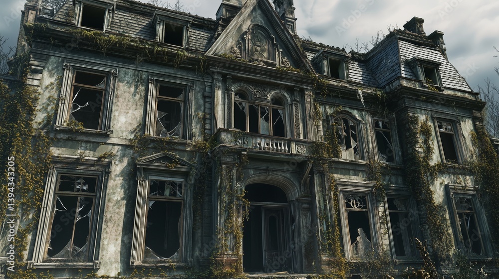 A decayed mansion in the heart of an abandoned city, its grand windows shattered, vines creeping up the facade. A decayed mansion in the heart of an abandoned city, its grand windows shattered, vines creeping up the facade.