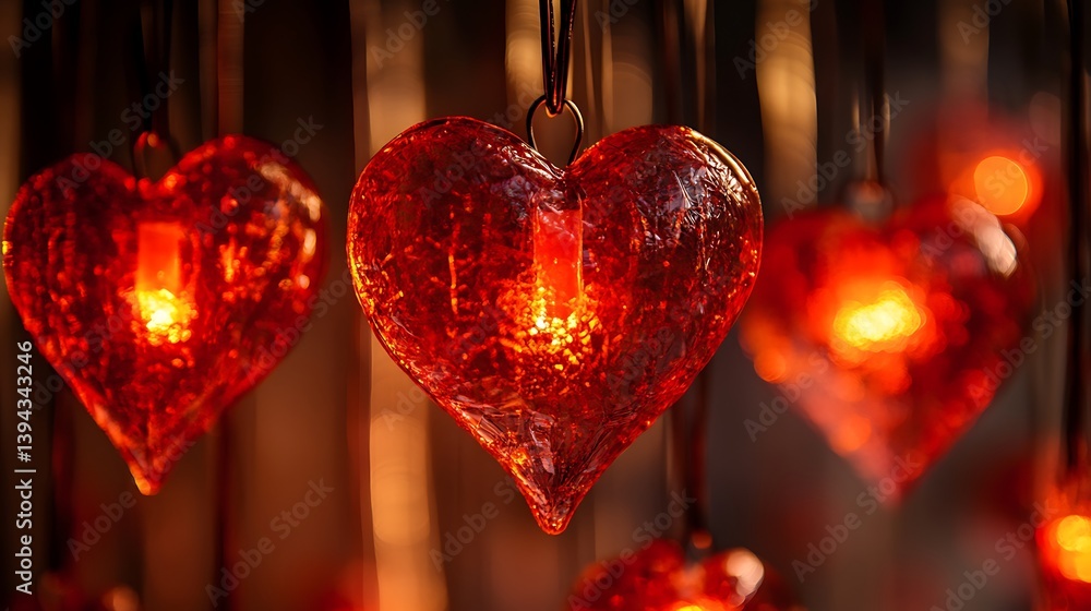 Illuminated glass hearts suspended with glowing and diffused warm lighting